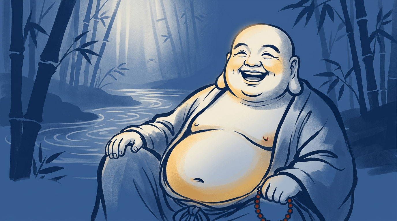 Lachender Buddha am Wasser im Bambuswald